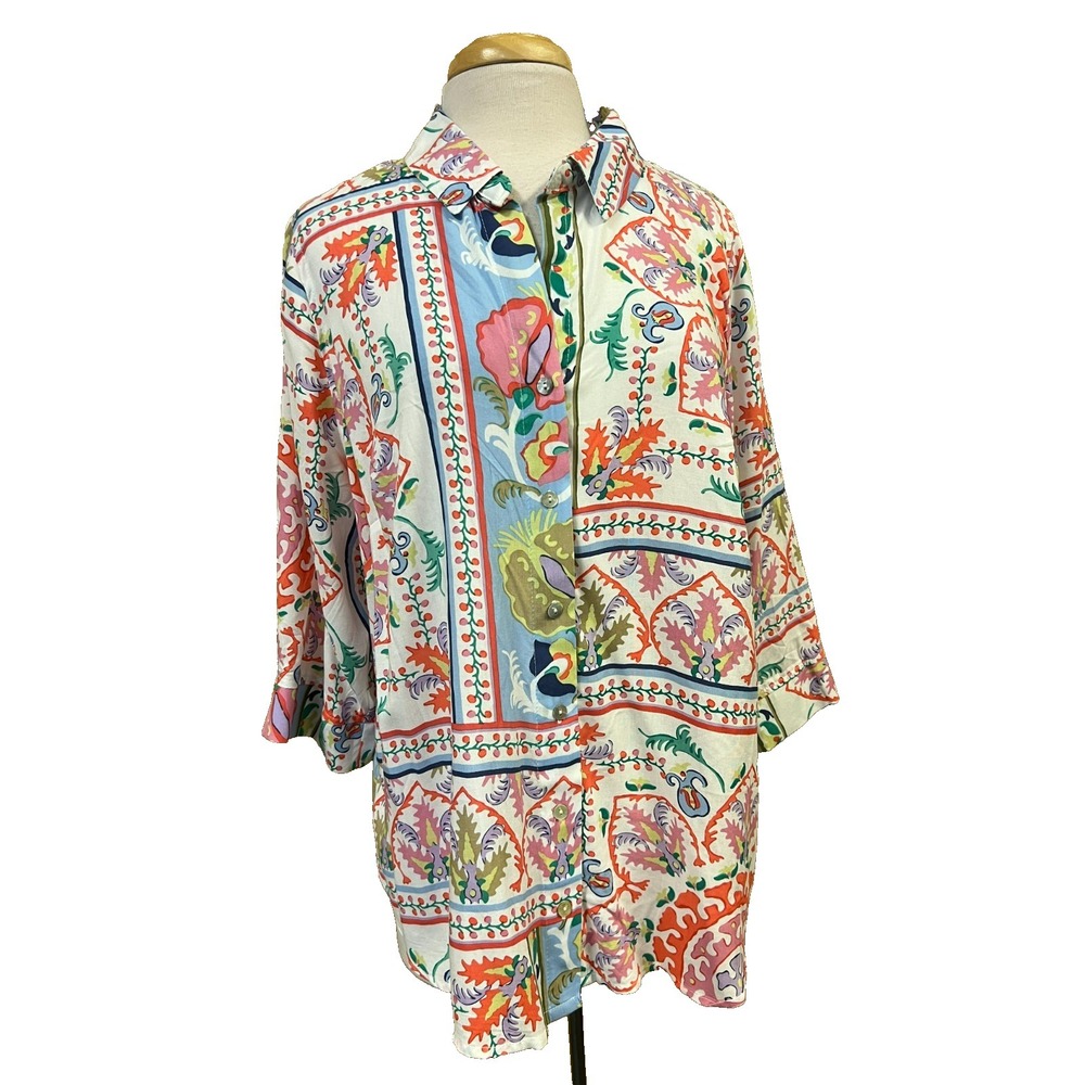 NWT Cynthia Rowley Button Up Blouse Multi Color & Print Viscose 3/4 Sleeve SZ 1X